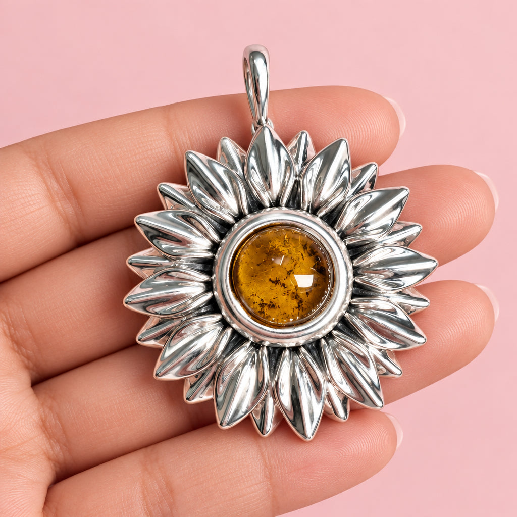 Dije Girasol con Ambar electroformado maxi grande