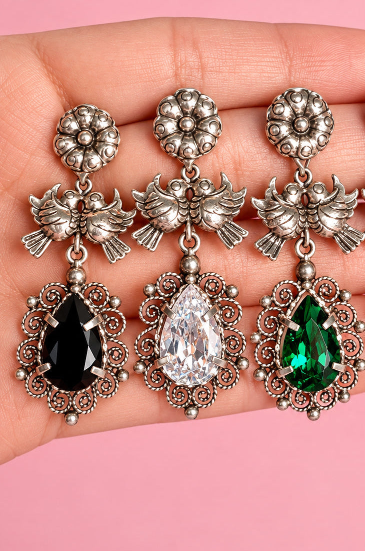 Aretes largos pajaritos de filigrana y repujado plata 925 con cristal