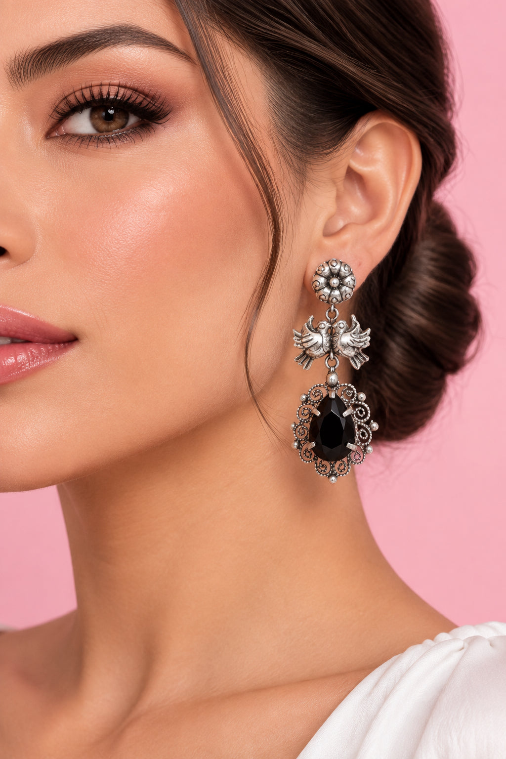 Aretes largos pajaritos de filigrana y repujado plata 925 con cristal