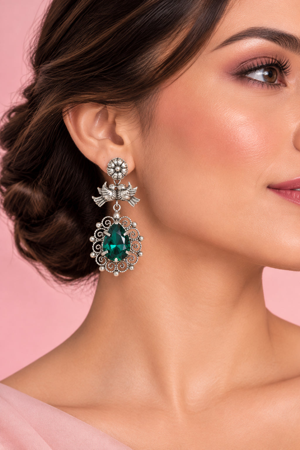 Aretes largos pajaritos de filigrana y repujado plata 925 con cristal