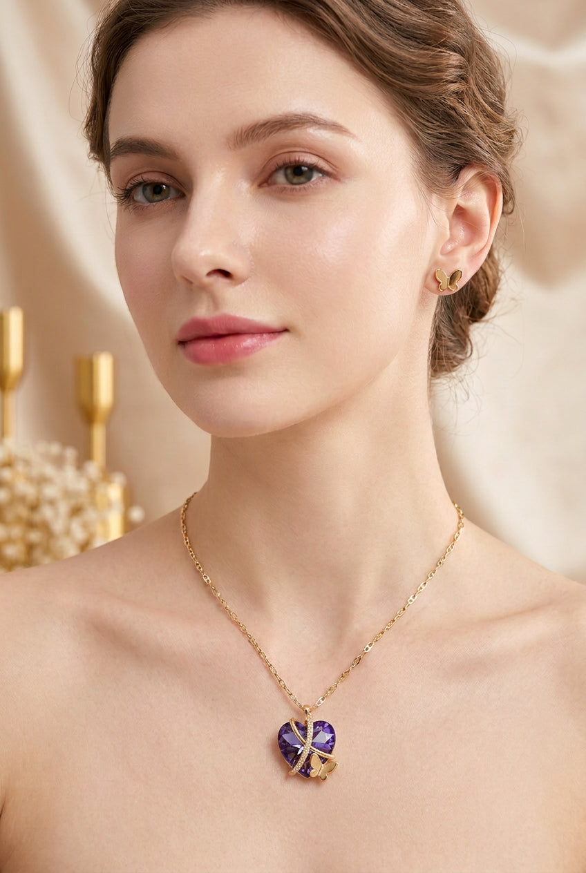 Set de collar y aretes de vidrio mariposa Oro Laminado