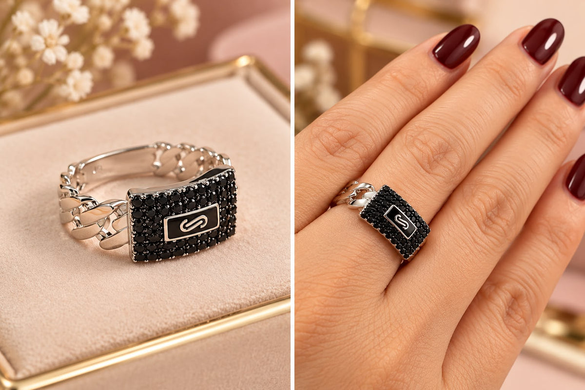 Anillo Insp Monaco Chain con circonia negro con baño de Rodio Plata 925