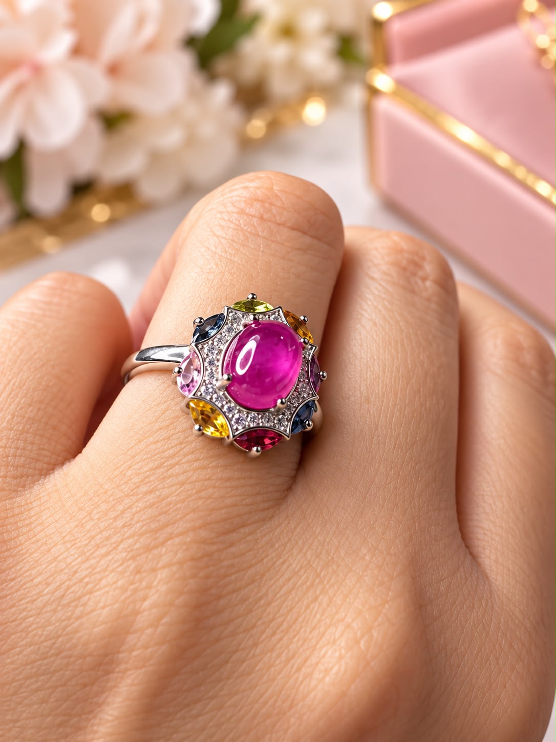 Anillo de Rubi piedra natural con bisel de piedra con Baño de rodio Plata 925