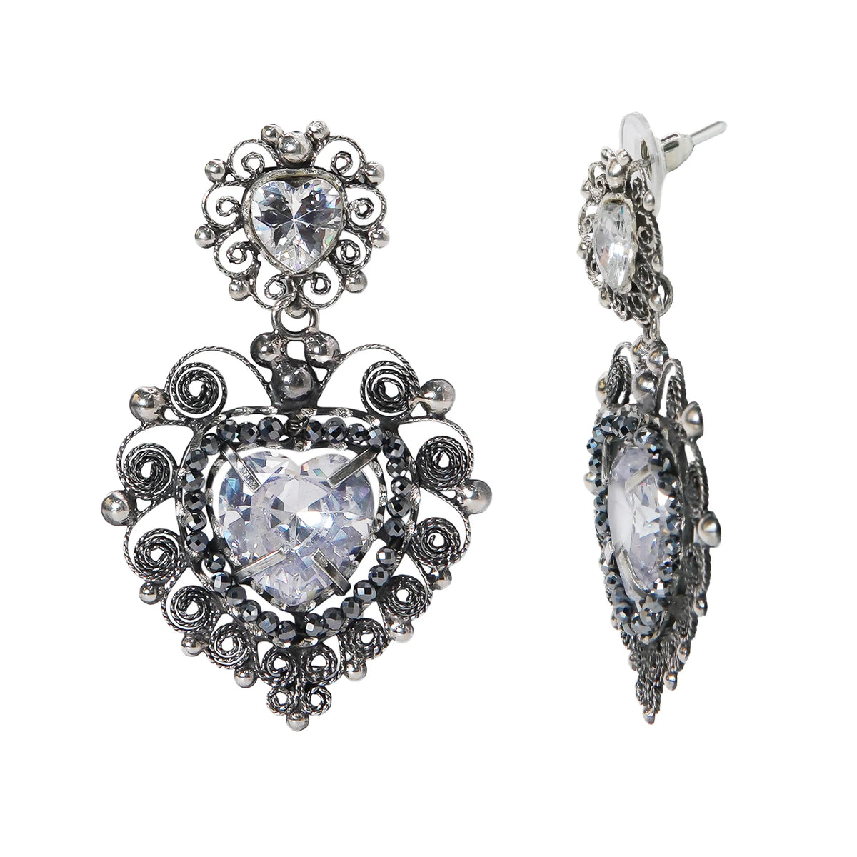 Aretes Filigrana Corazón Doble 5 cm con Circonia y Piedra Gris Hematite Distintos Colores Hecho a Mano Plata .925 Oxidado