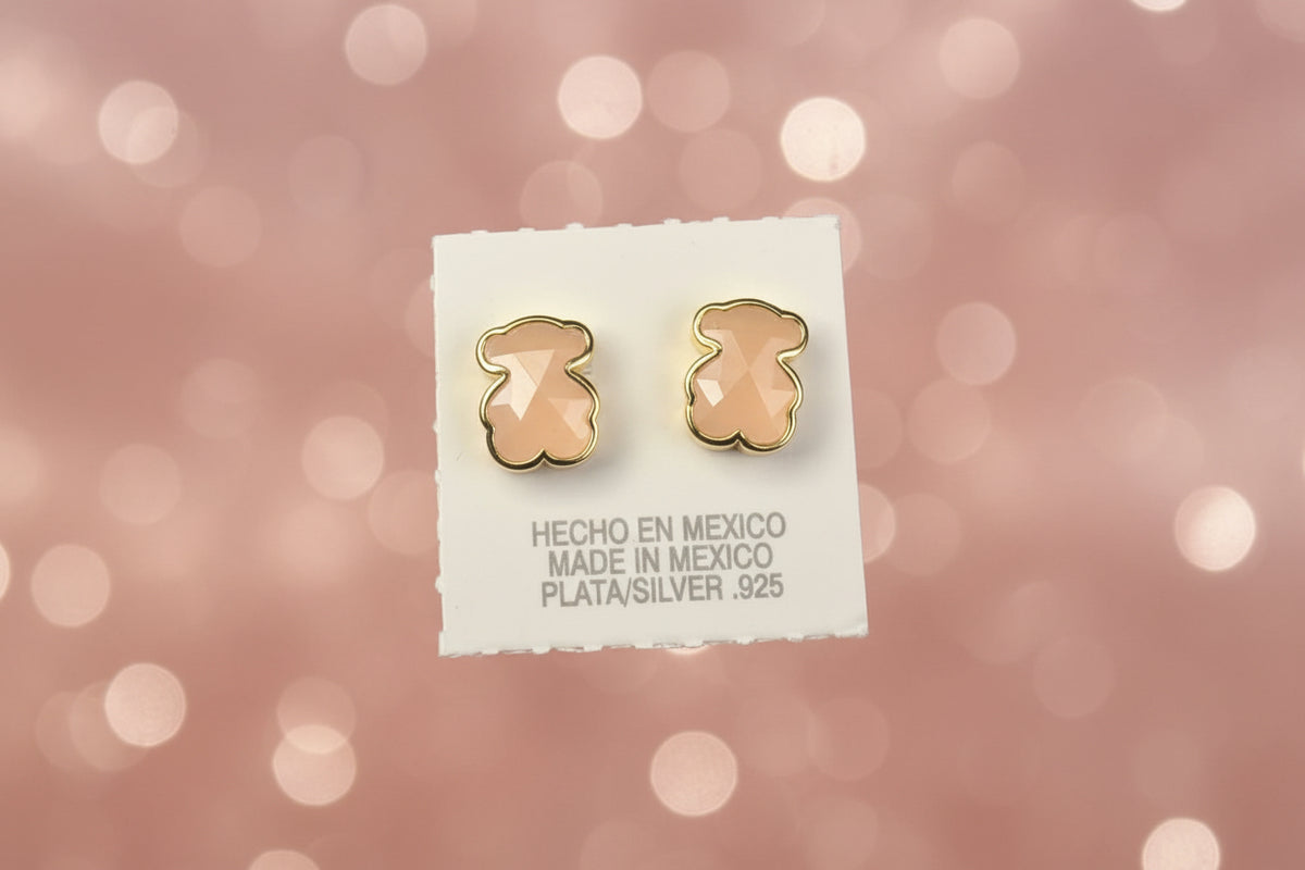 Arete insp OSO cuarzo rosa plata 925 con  baño de oro