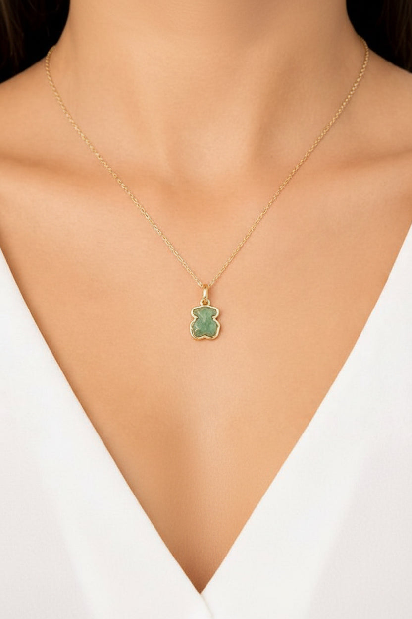 Dije inspiración oso plata 925 con baño de oro y amazonita