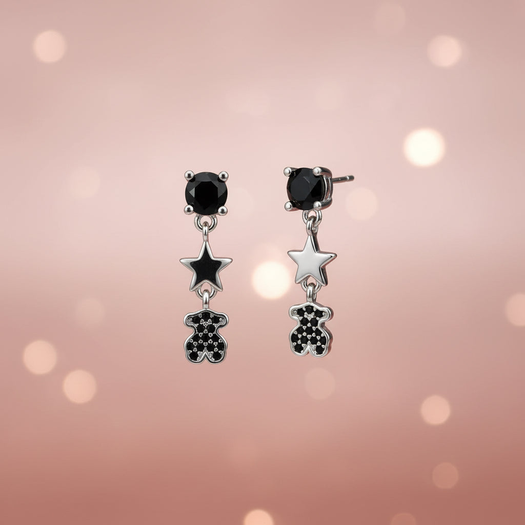Arete inspirado OSO Plata 925 con  Onix con estrellita