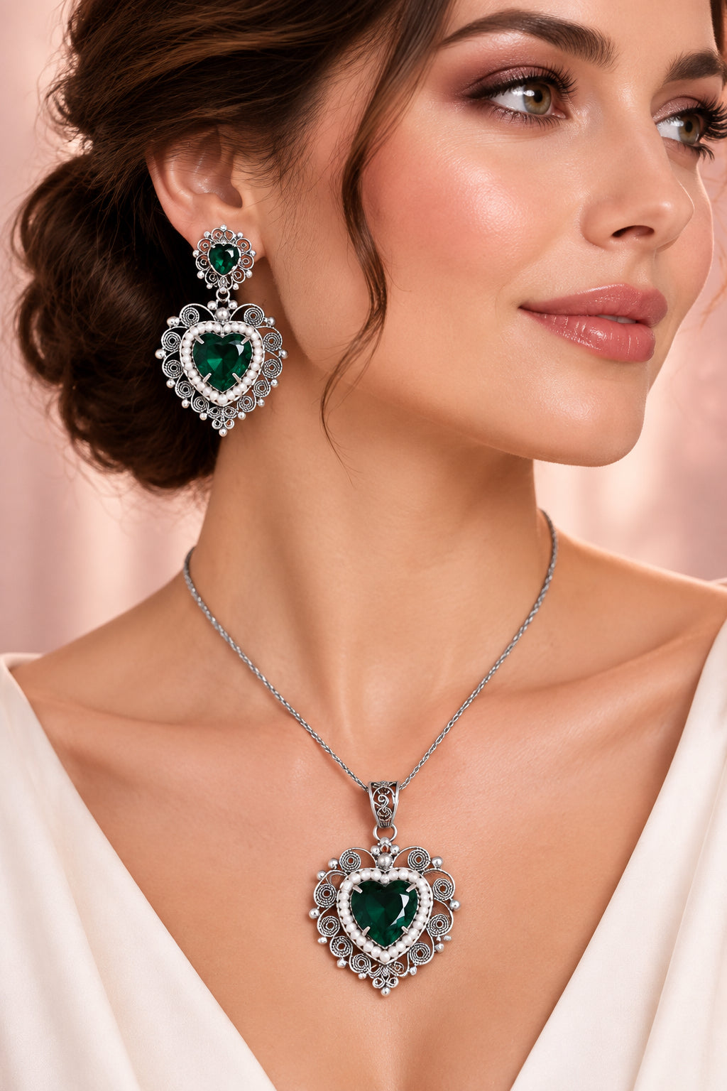 Dije corazón filigrana verde con perlas naturales
